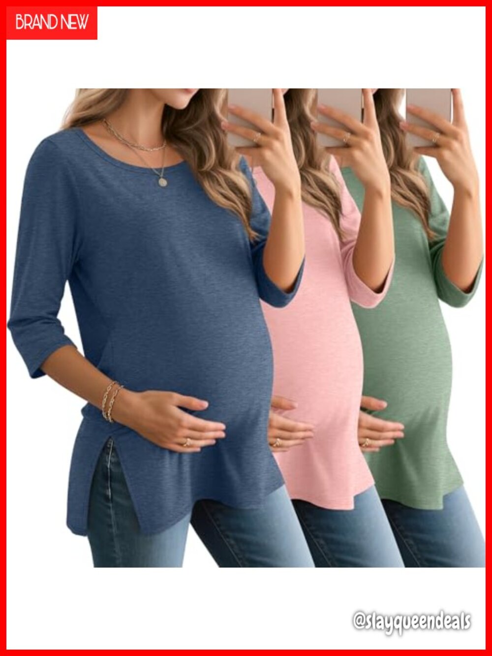 Womens Maternity Tops 3/4 Sleeve Loose Fit Crewneck T Shirts 3 Pack